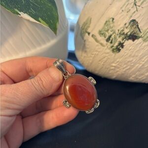 Large Sterling Silver Carnelian Cabochon Pendant Vintage Style 13g